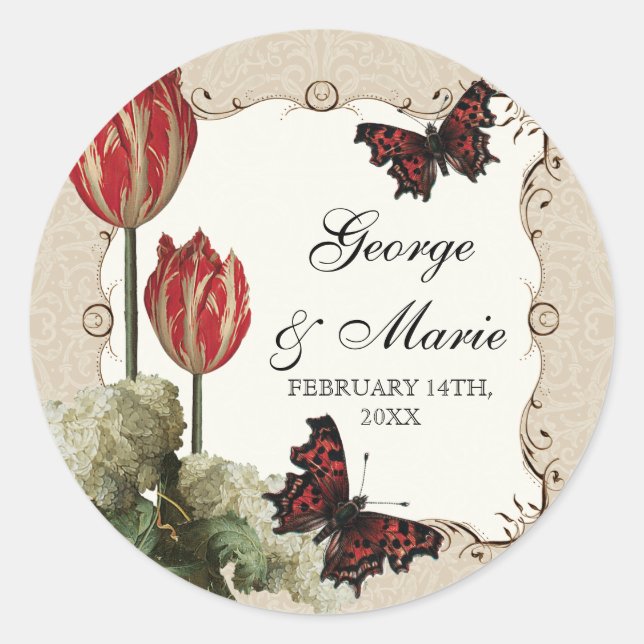 Tan n Cream Red Tulips, Bridal Shower Sticker (Front)