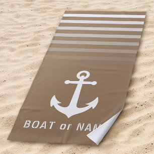 Tan Nautical Vintage Anchor Your Name or Boat Beach Towel