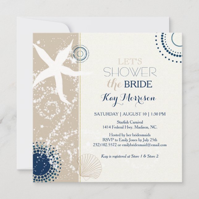 Tan Navy Blue Ivory Beach Bridal Shower Invitation (Front)