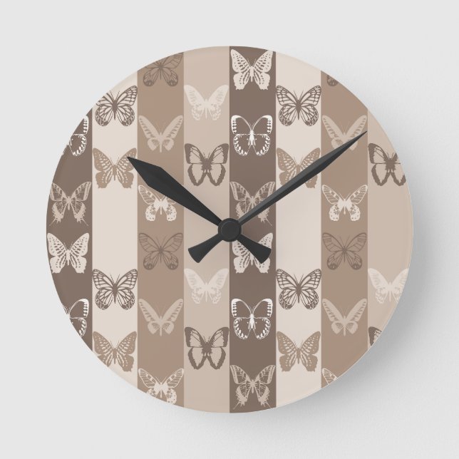 Tan Neutral Earth Butterfly Stripes Design  Round Clock (Front)