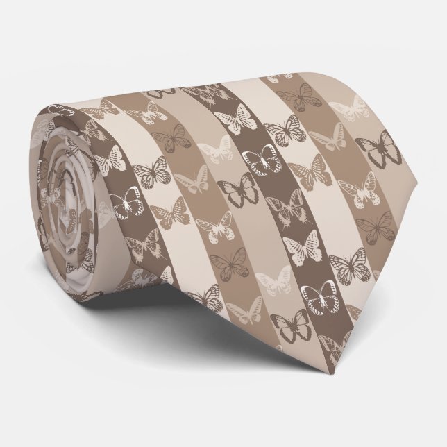 Tan Neutral Earth Butterfly Stripes Design  Tie (Rolled)