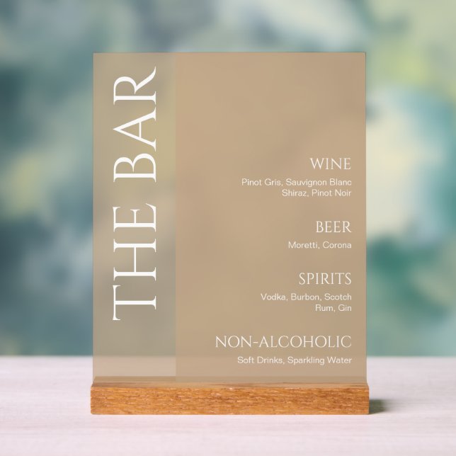 Tan Neutral Two Tone Wedding Bar Menu Acrylic Sign (Neutral)