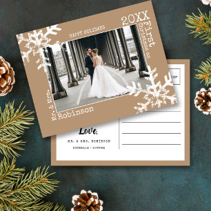 Tan Newlywed 1st Christmas Photo Snowflake Holiday Postcard