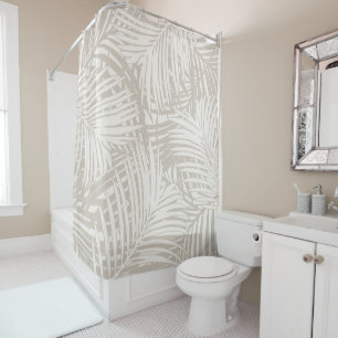 Tan Off-White Neutral Palm Leaf Pattern Tropical Shower Curtain