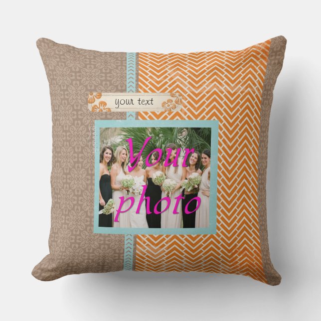 Tan, Orange and Blue Throw Pillow (Front)