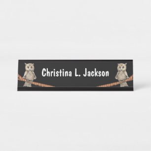 Tan Owls Pretty Faces on Branches Blue Necklaces Desk Name Plate