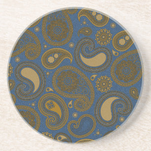 Tan Paisley pattern on blue fabric Coaster