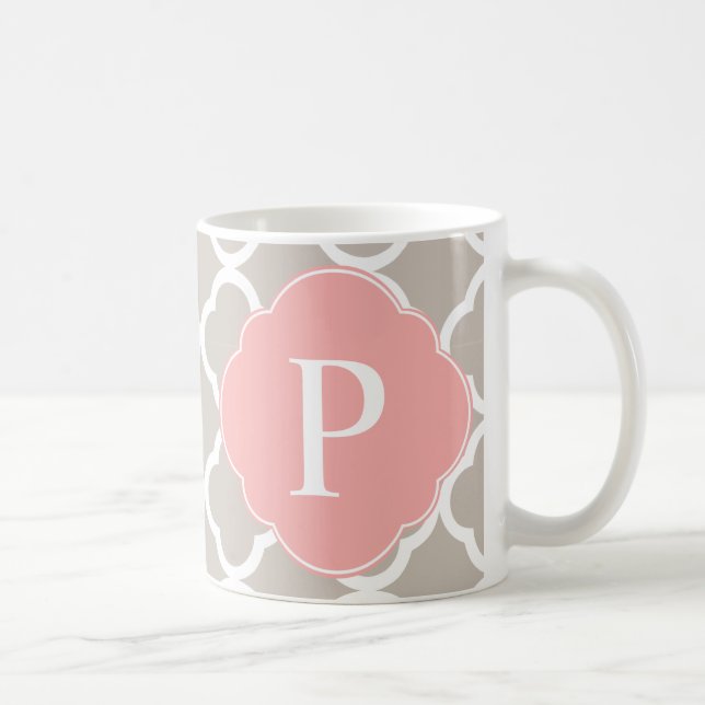 Tan Peach Pink Quatrefoil Monogram Coffee Mug (Right)