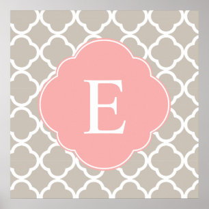 Tan Peach Pink Quatrefoil Monogram Poster