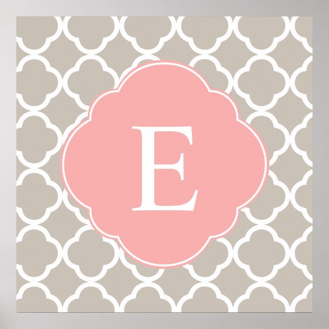 Tan Peach Pink Quatrefoil Monogram Poster (Front)