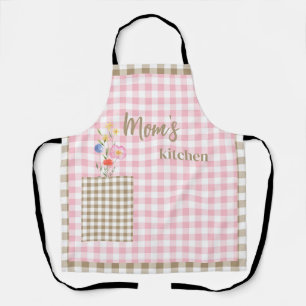 Tan & Pink Gingham Wildflower Mum's Kitchen Apron