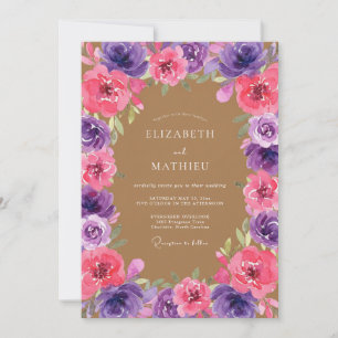 Tan Pink Purple Botanical Wedding Invitation