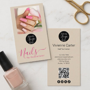 Tan Pink Script Logo QR Code Photo Nail Salon Business Card