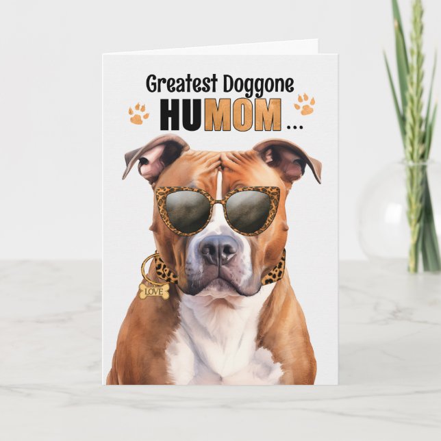Tan Pit Bull Dog Greatest HuMOM Mother's Day Holiday Card (Front)