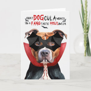 Tan Pitbull Dog Funny Count DOGcula Halloween Holiday Card