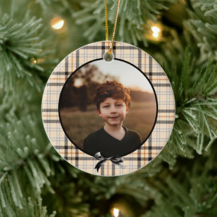 Tan Plaid Pattern Holiday Photo Ceramic Tree Decoration