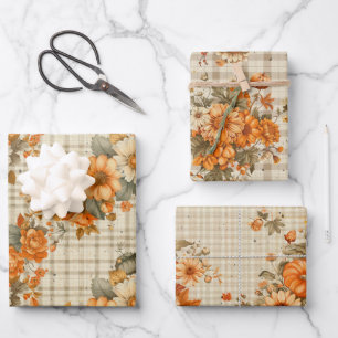 TAN PLAID PATTERN WITH PRETTY ORANGE FALL FLOWERS WRAPPING PAPER SHEET