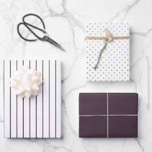 Tan Polka Dot and Dusty Plum Striped and Solid Wrapping Paper Sheet