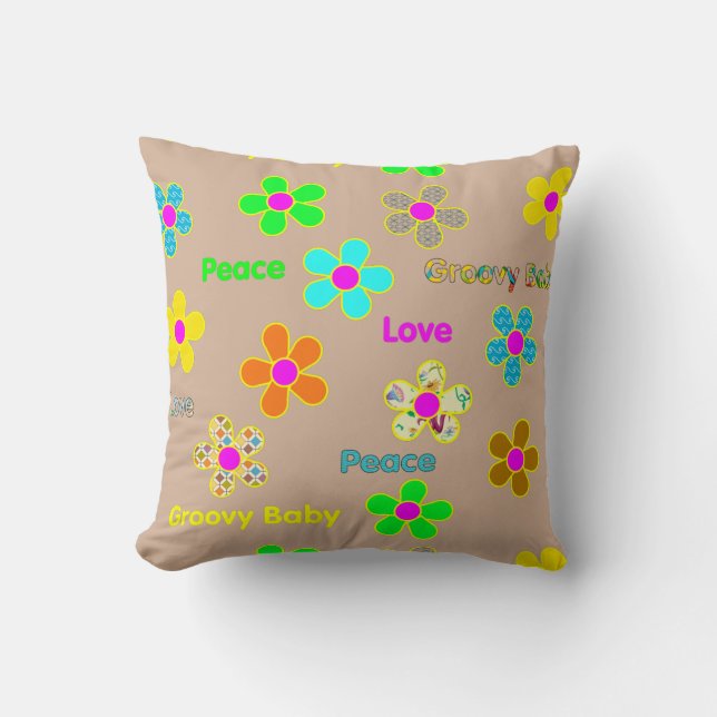 Tan Psychedelic 60s Groovy Flowers Print Pillow (Front)