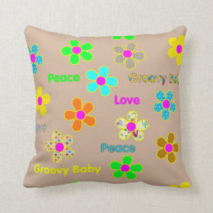 Tan Psychedelic 60s Groovy Flowers Print Pillow