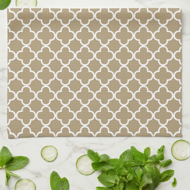 Tan Quatrefoil Clover Pattern Tea Towel (Folded)