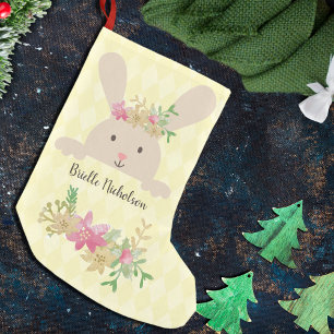 Tan Rabbit Pink Gold Poinsettia Floral Small Christmas Stocking