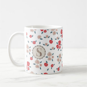 Tan Red Floral Farmhouse, Country Rustic Monogram Coffee Mug