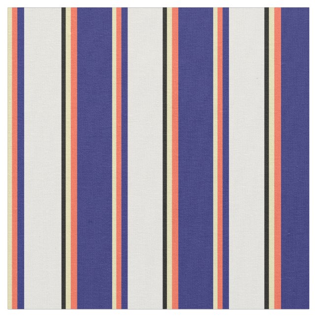 Tan, Red, Midnight Blue, White & Black Pattern Fabric (Close Up)