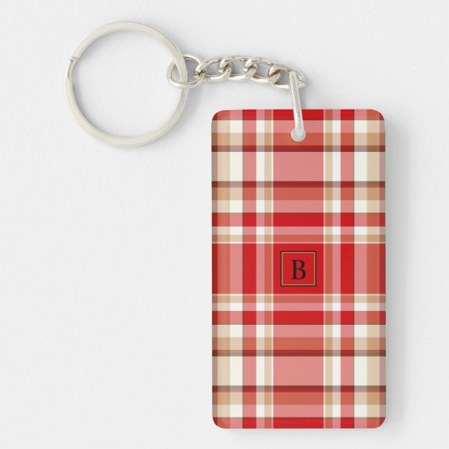 Tan & Red Plaid Rectangular Arcylic Keychain (Front)
