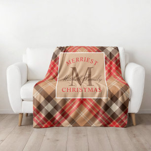 Tan Red Tartan Merriest Christmas Monogram Fleece Blanket