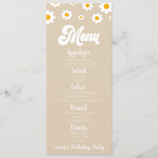 Tan Retro Daisy Flower Birthday Party Food Menu (Front)