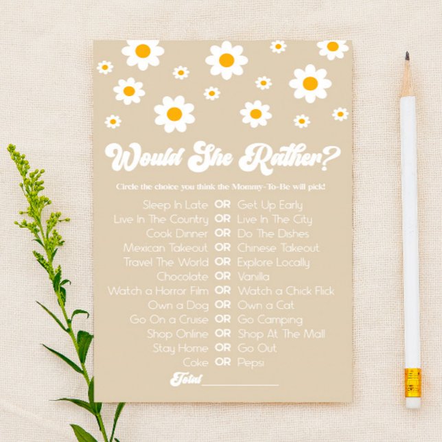 Tan Retro Daisy Would She Rather Baby Shower Game Stationery (Creator Uploaded)