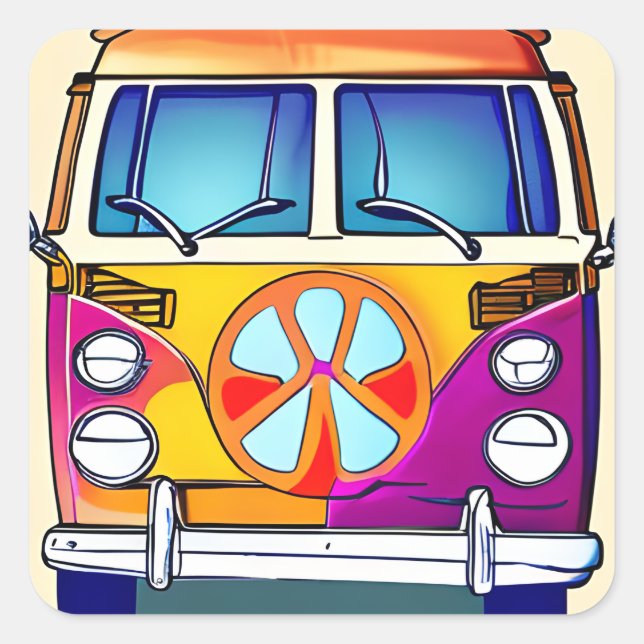 Tan Retro Hippie Van Vintage Art Square Sticker (Front)