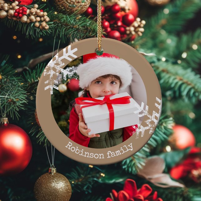 Tan Rustic Circle Photo Snowflakes Ceramic Tree Decoration (Rustic snowflake family holiday keepsake photo ornament perfect for gifts to bring joy to others.)