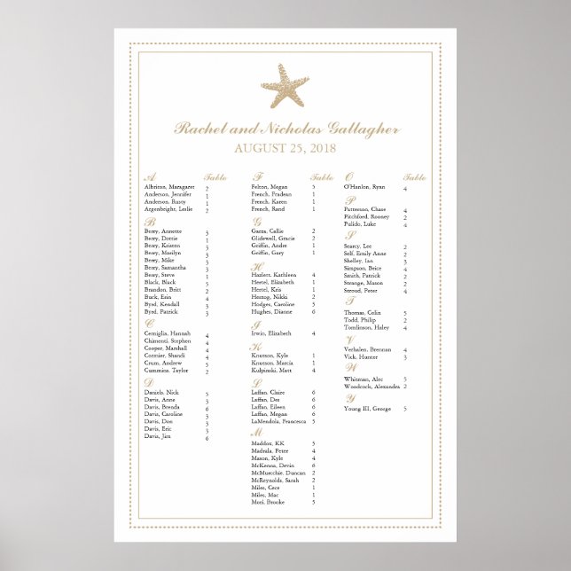 Tan Sand Graceful Starfish 24 x 36 Seating Chart (Front)