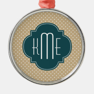 Tan Sand Polka Dots Teal Quatrefoil Monogram Metal Tree Decoration