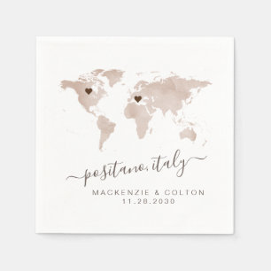 Tan Sepia Brown World MapMoveable Hearts Wedding Napkin