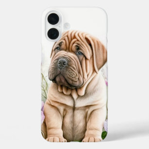 TAN SHAR PEI PUPPY DOG IN WILDFLOWERS iPhone 16 PLUS CASE