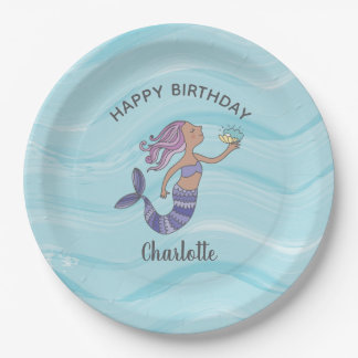 Tan Skin Purple Mermaid Birthday Paper Plate