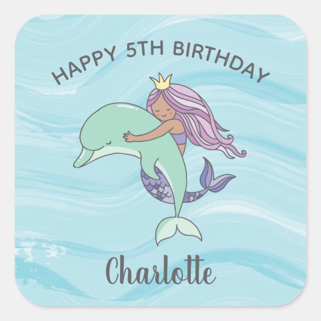 Tan Skin Purple Mermaid with Dolphin Birthday Square Sticker (Front)