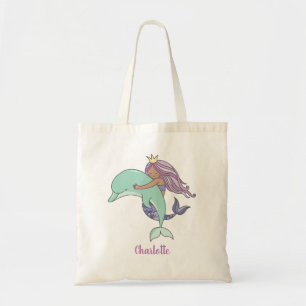 Tan Skin Purple Mermaid with Dolphin Tote Bag