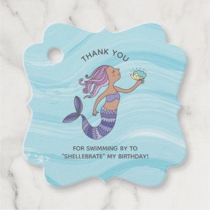 Tan Skin Purple Mermaid with Sea Turtle Birthday Favour Tags
