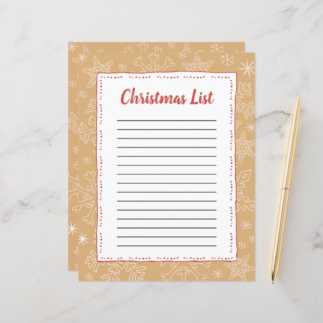 Tan Snowflake Christmas BG Santa Wish List (Front/Back In Situ)