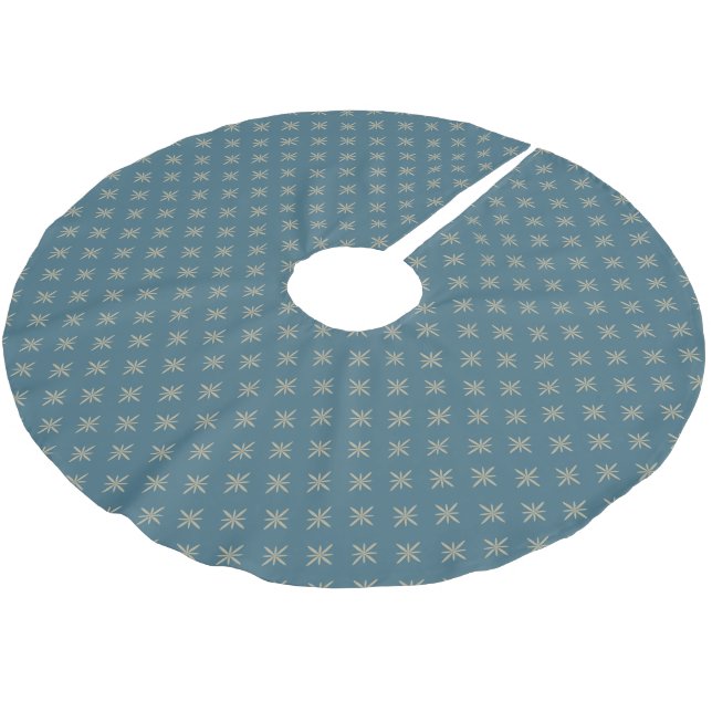 Tan Starbursts on Blue Atomic Mid Century Brushed Polyester Tree Skirt (Angled)
