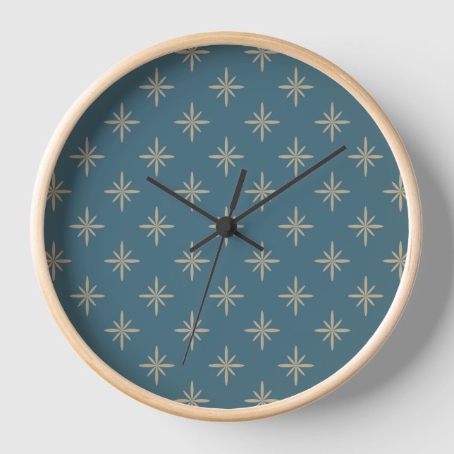 Tan Starbursts on Blue Atomic Mid Century Pattern Clock (Front)