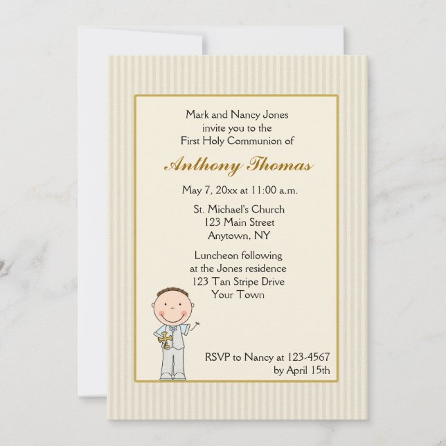 Tan Stripe, Little Boy Communion Invitation (Front)
