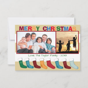 Tan Stripes 2 Photos Stockings - 3x5Christmas Card