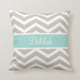 Tan Teal Chevron Custom Name Cushion