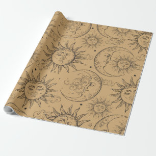 Tan Vintage Celestial Sun Moon Stars Wrapping Paper