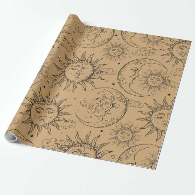 Tan Vintage Celestial Sun Moon Stars Wrapping Paper (Unrolled)